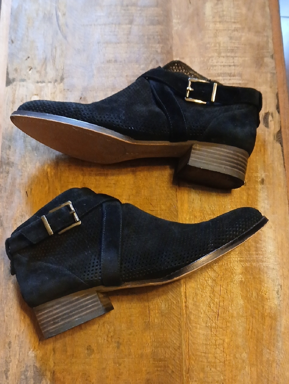 Vince Camuto Black Perforated Suede Boots with Silver Buckle